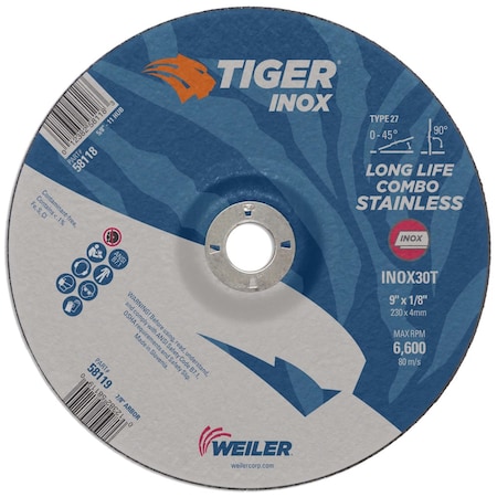 Weiler 9" x 1/8" TIGER INOX Type 27 Cut/Grind Combo Wheel, INOX30T, 7/8" A.H. 58119